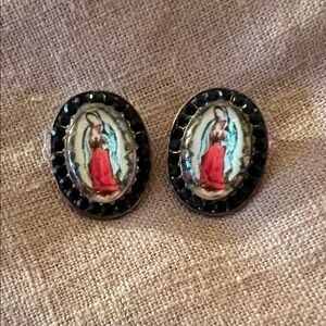 Virgen de Guadalupe Elegant Black and Red Cameo Earrings